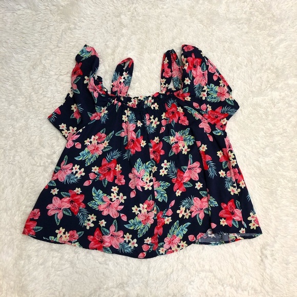 ➕ Miss Lili Cold Shoulder Hibiscus Print Top - Picture 4 of 6